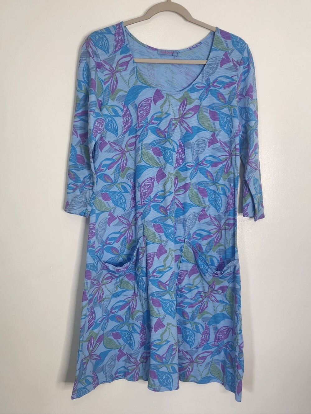Fresh Produce Cotton Knit Dress Womens Medium Blue Floral 3/4 Sleeve Pockets
